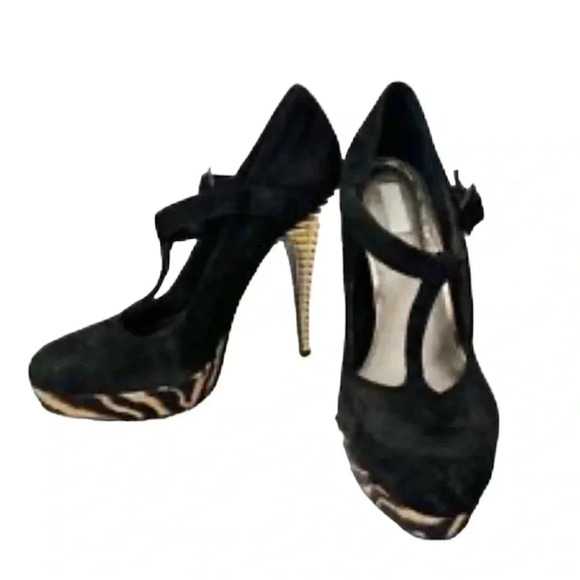 Rachel Roy Kistyn black  suede leather platform Tiger striped heels Sz 9.5 - Picture 1 of 13